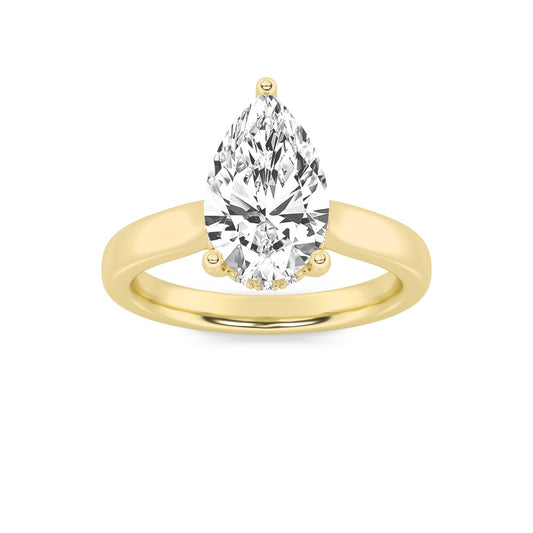 3CTW Pear Shaped Lab Grown Diamond (F/VS) Hidden Halo Cathedral Shank Engagement Ring in 14K Gold
