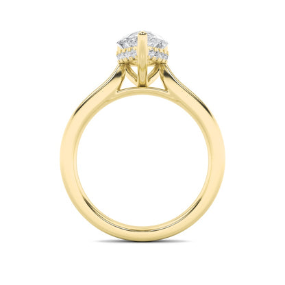 3CTW Pear Shaped Lab Grown Diamond (F/VS) Hidden Halo Cathedral Shank Engagement Ring in 14K Gold