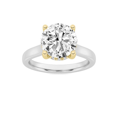 3CTW Round Shaped Lab Grown Diamond (F/VS) Hidden Halo Cathedral Shank Engagement Ring in 14K Gold