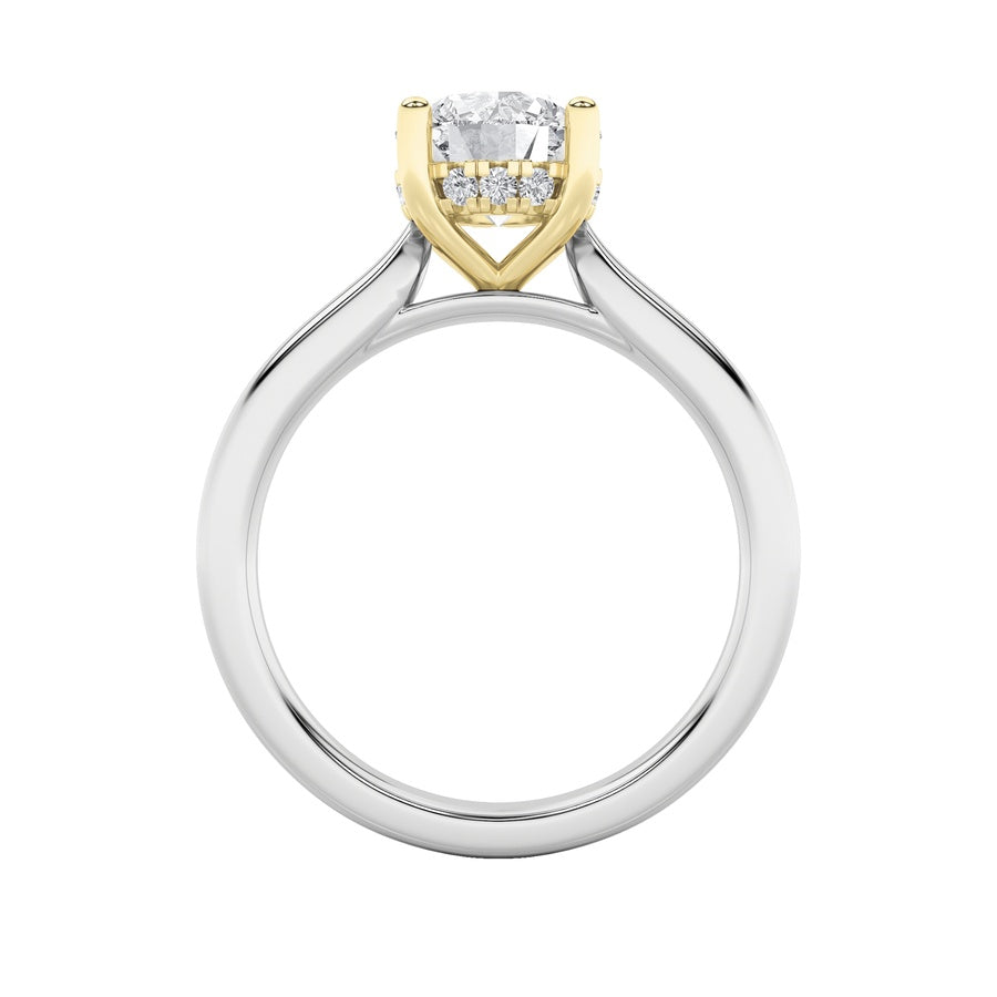 3CTW Round Shaped Lab Grown Diamond (F/VS) Hidden Halo Cathedral Shank Engagement Ring in 14K Gold