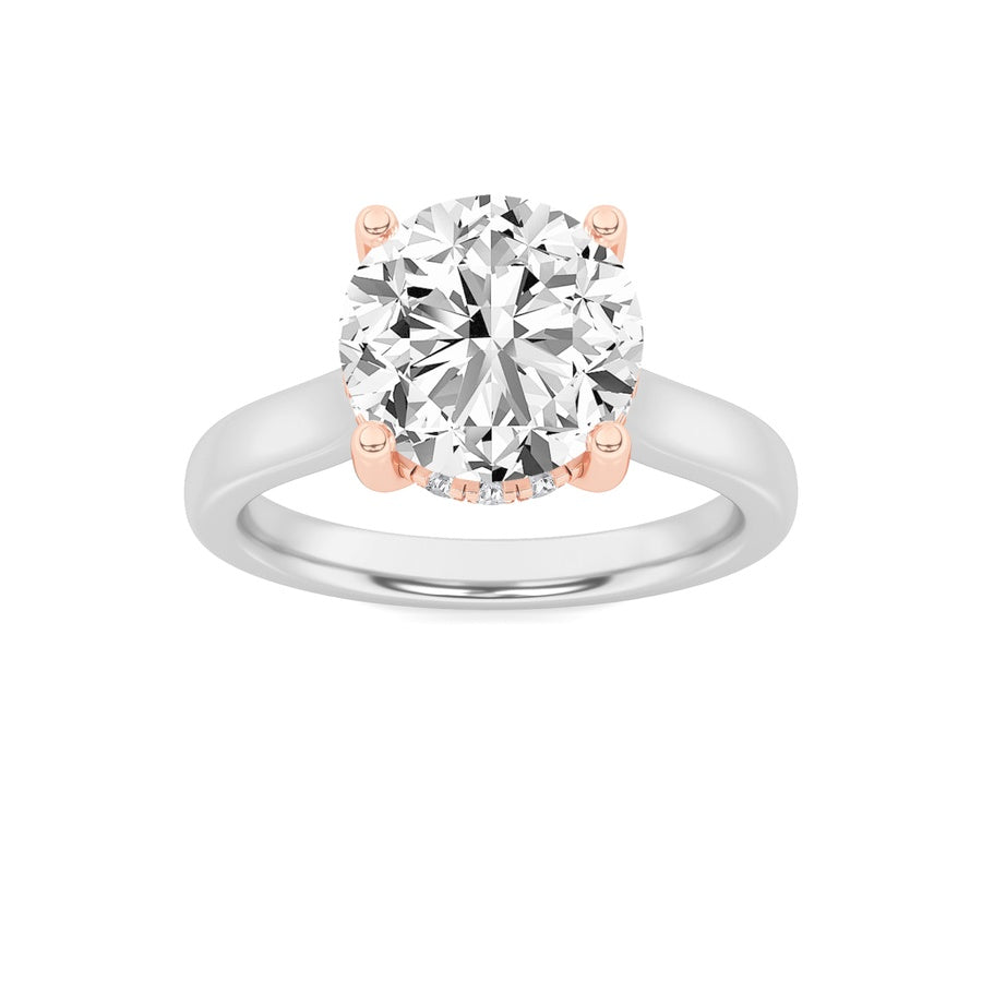 3CTW Round Shaped Lab Grown Diamond (F/VS) Hidden Halo Cathedral Shank Engagement Ring in 14K Gold