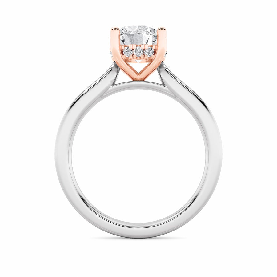 3CTW Round Shaped Lab Grown Diamond (F/VS) Hidden Halo Cathedral Shank Engagement Ring in 14K Gold