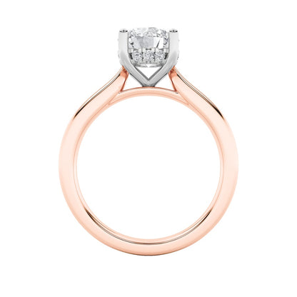 3CTW Round Shaped Lab Grown Diamond (F/VS) Hidden Halo Cathedral Shank Engagement Ring in 14K Gold