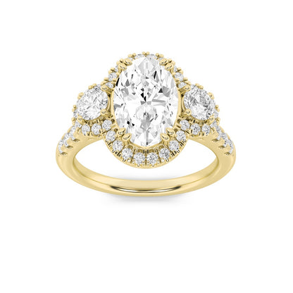 3CTW Oval Shaped Lab Grown Diamond (F/VS) Three Stone Accented Ring in 14K Gold