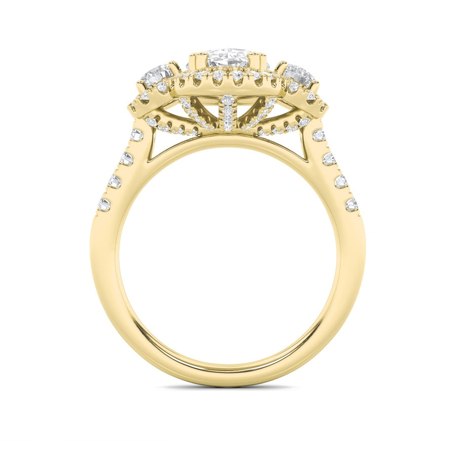 3CTW Oval Shaped Lab Grown Diamond (F/VS) Three Stone Accented Ring in 14K Gold