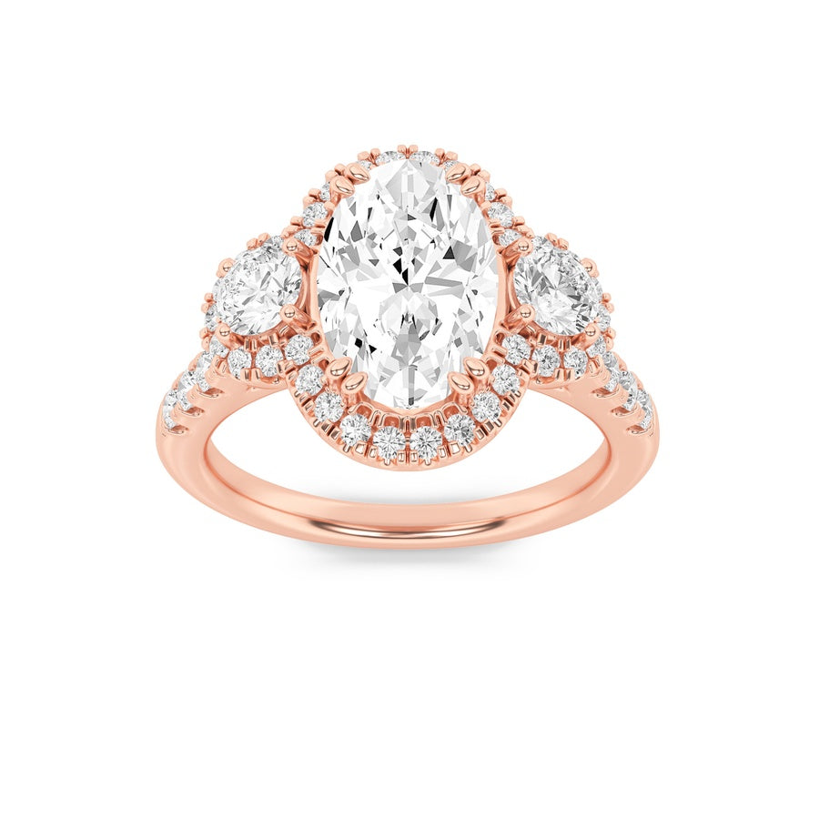 3CTW Oval Shaped Lab Grown Diamond (F/VS) Three Stone Accented Ring in 14K Gold