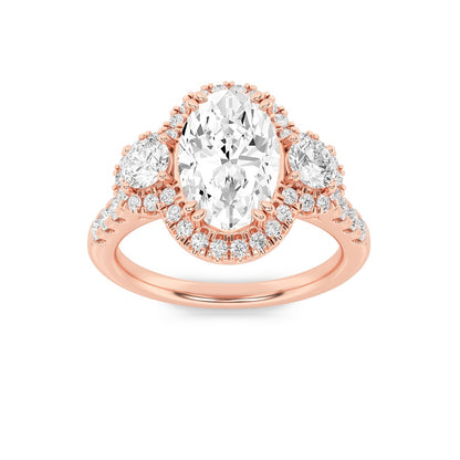 3CTW Oval Shaped Lab Grown Diamond (F/VS) Three Stone Accented Ring in 14K Gold
