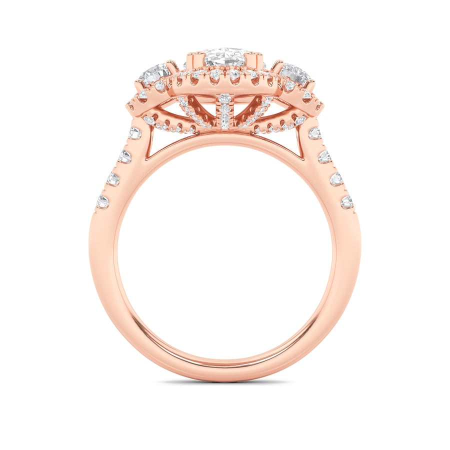 3CTW Oval Shaped Lab Grown Diamond (F/VS) Three Stone Accented Ring in 14K Gold