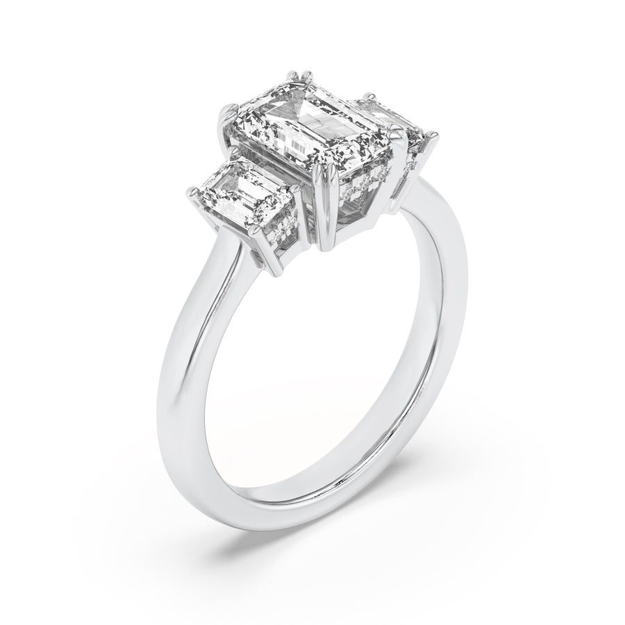 3CTW Emerald Shaped Lab Grown Diamond (F/VS) Three Stone Accented Ring in 14K Gold