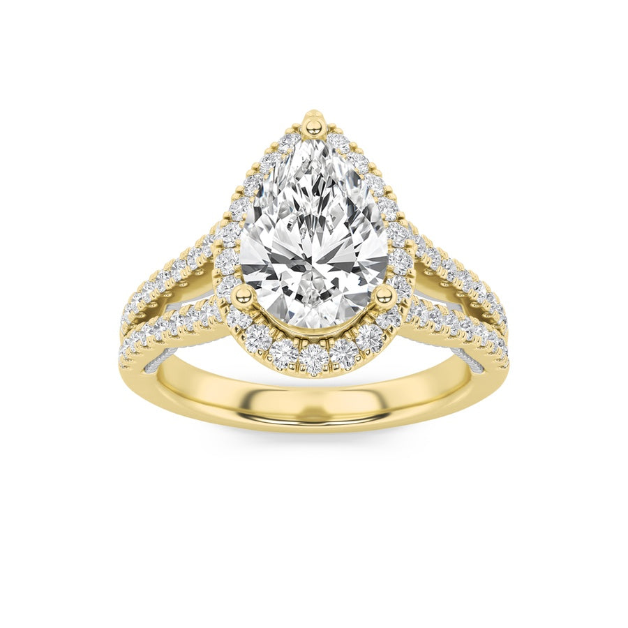2CTW Pear Shaped Lab Grown Diamond (F/VS) Split Shank Accented Ring in 14K Gold