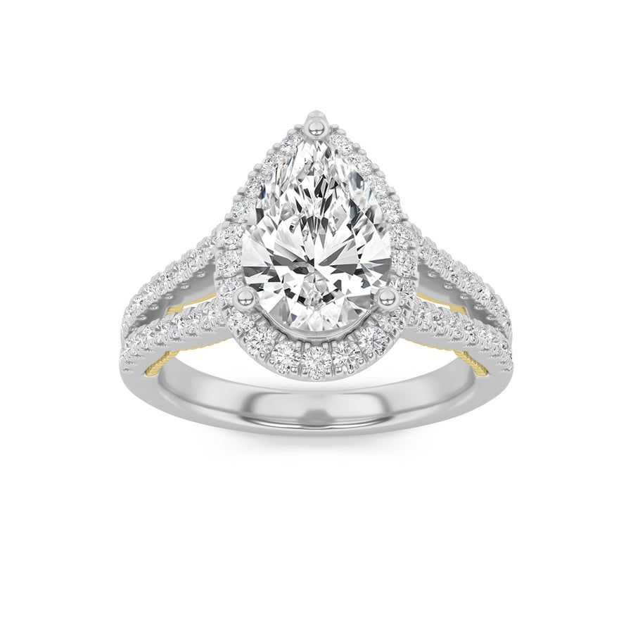 2CTW Pear Shaped Lab Grown Diamond (F/VS) Split Shank Accented Ring in 14K Gold
