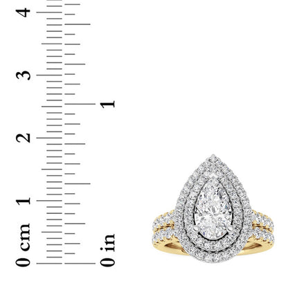 2CTW Pear Shaped Lab Grown Diamond (F/VS) Double Halo Bridal Set Engagement Ring Set in 14K Gold