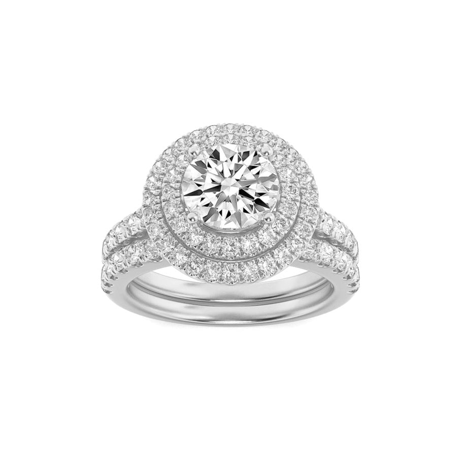 2CTW Round Shaped Lab Grown Diamond (F/VS) Double Halo Bridal Set Engagement Ring Set in 14K Gold