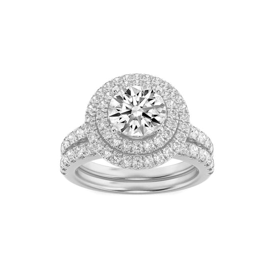 2CTW Round Shaped Lab Grown Diamond (F/VS) Double Halo Bridal Set Engagement Ring Set in 14K Gold