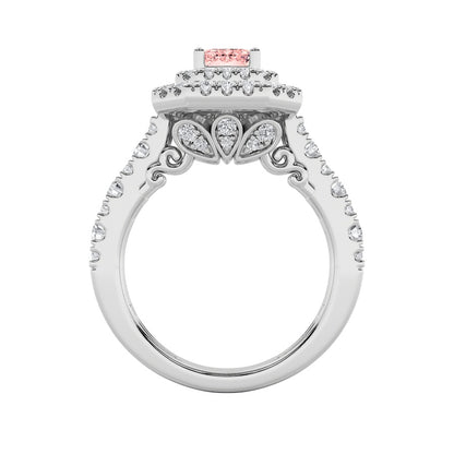 2CTW Emerald Shaped Lab Grown Diamond (F/VS) Double Halo Engagement Ring in 14K Gold