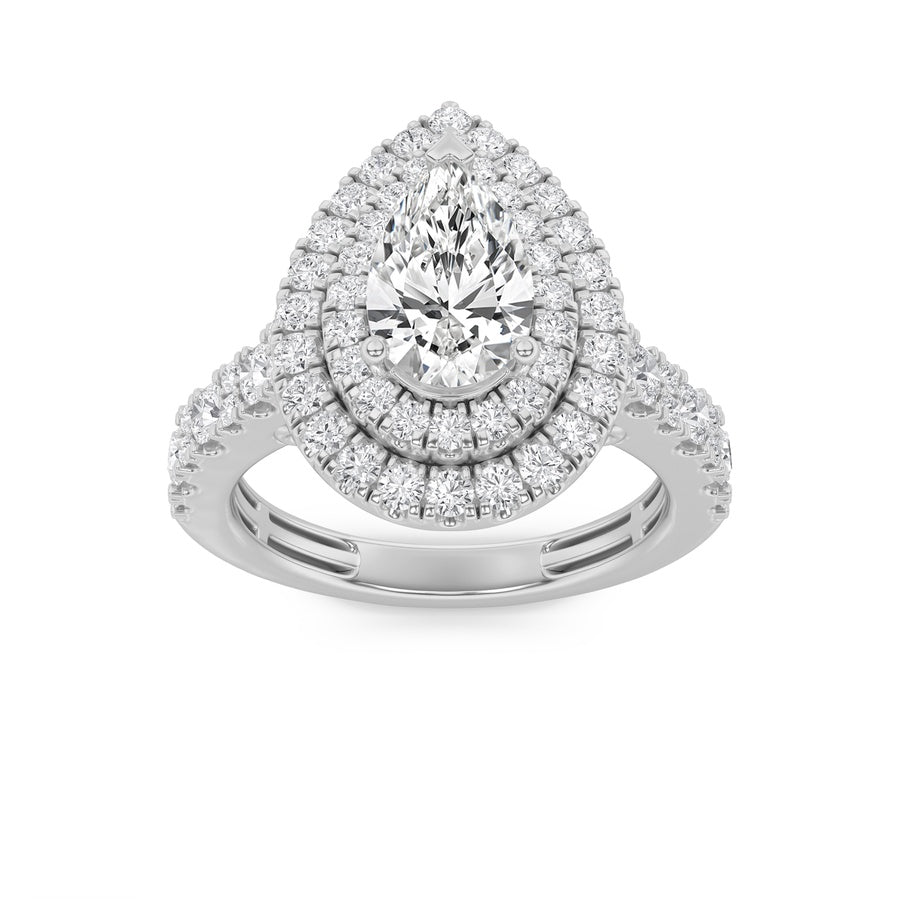 2CTW Pear Shaped Lab Grown Diamond (F/VS) Double Halo Engagement Ring in 14K Gold