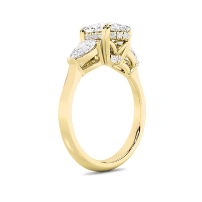 3CTW Oval Shaped Lab Grown Diamond (F/VS) Three Stone Hidden Halo Ring in 14K Gold