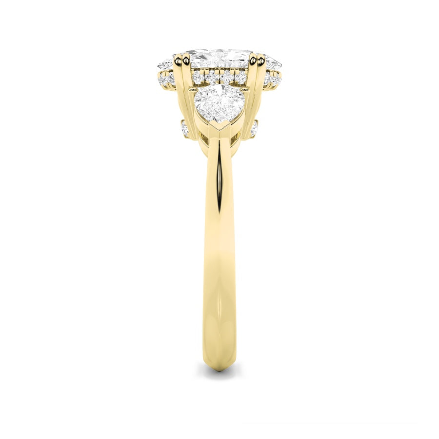 3CTW Oval Shaped Lab Grown Diamond (F/VS) Three Stone Hidden Halo Ring in 14K Gold