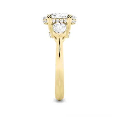 3CTW Oval Shaped Lab Grown Diamond (F/VS) Three Stone Hidden Halo Ring in 14K Gold