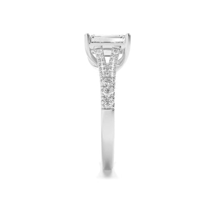 2CTW Emerald Shaped Lab Grown Diamond (F/VS) Split Shank Trellis Engagement Ring in 14K Gold