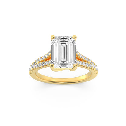2CTW Emerald Shaped Lab Grown Diamond (F/VS) Split Shank Trellis Engagement Ring in 14K Gold