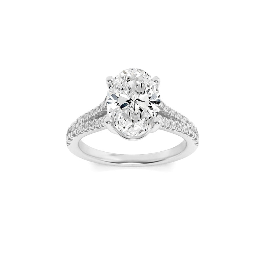 2CTW Oval Shaped Lab Grown Diamond (F/VS) Split Shank Trellis Engagement Ring in 14K Gold