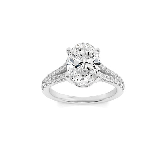 2CTW Oval Shaped Lab Grown Diamond (F/VS) Split Shank Trellis Engagement Ring in 14K Gold