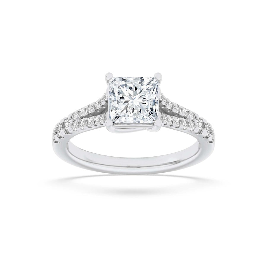 2CTW Princess Shaped Lab Grown Diamond (F/VS) Split Shank Trellis Engagement Ring in 14K Gold
