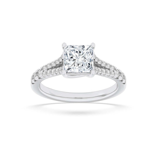 2CTW Princess Shaped Lab Grown Diamond (F/VS) Split Shank Trellis Engagement Ring in 14K Gold