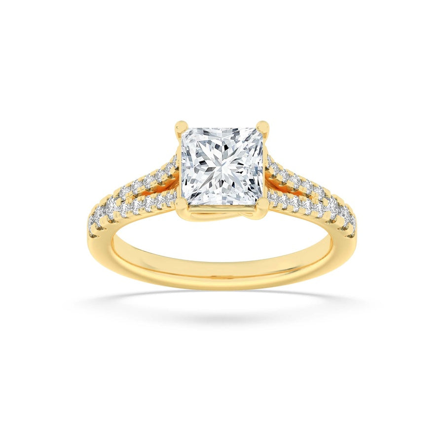 2CTW Princess Shaped Lab Grown Diamond (F/VS) Split Shank Trellis Engagement Ring in 14K Gold