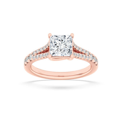 2CTW Princess Shaped Lab Grown Diamond (F/VS) Split Shank Trellis Engagement Ring in 14K Gold