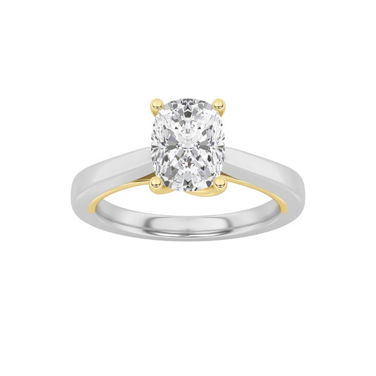 1CTW Elongated Cushion Shaped Lab Grown Diamond (F/VS) Two Tone Twisted Basket Cathedral Shank Solitaire Ring in 14K Gold