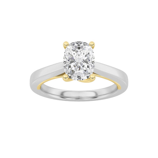 1CTW Elongated Cushion Shaped Lab Grown Diamond (F/VS) Two Tone Twisted Basket Cathedral Shank Solitaire Ring in 14K Gold