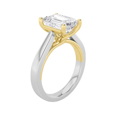 1CTW Emerald Shaped Lab Grown Diamond (F/VS) Two Tone Twisted Basket Cathedral Shank Solitaire Ring in 14K Gold