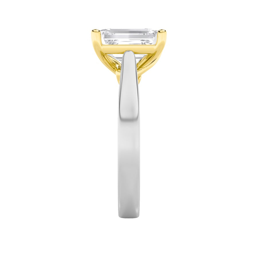 1CTW Emerald Shaped Lab Grown Diamond (F/VS) Two Tone Twisted Basket Cathedral Shank Solitaire Ring in 14K Gold