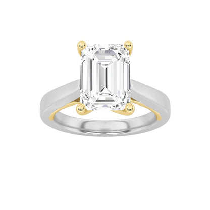 2CTW Emerald Shaped Lab Grown Diamond (F/VS) Two Tone Twisted Basket Cathedral Shank Solitaire Ring in 14K Gold