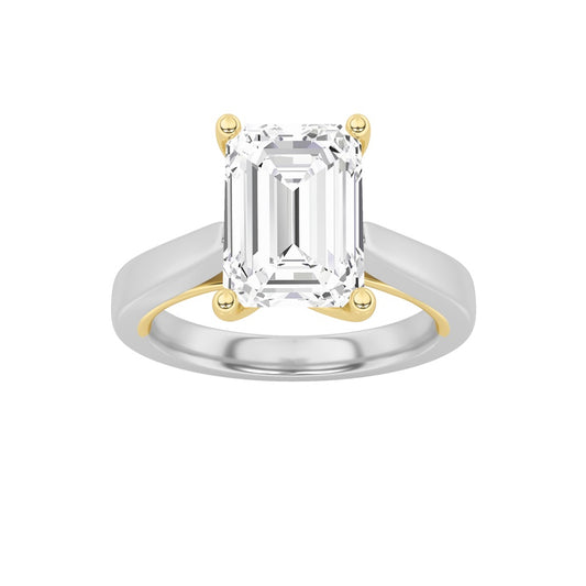 2CTW Emerald Shaped Lab Grown Diamond (F/VS) Two Tone Twisted Basket Cathedral Shank Solitaire Ring in 14K Gold