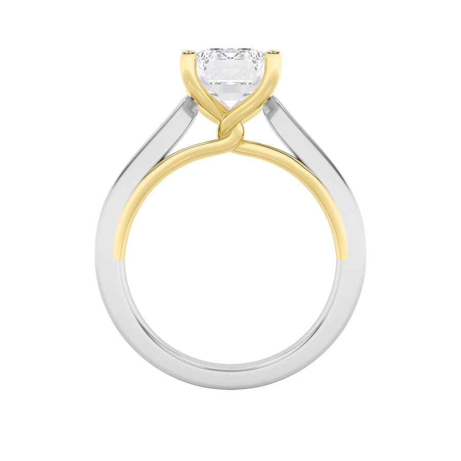2CTW Emerald Shaped Lab Grown Diamond (F/VS) Two Tone Twisted Basket Cathedral Shank Solitaire Ring in 14K Gold