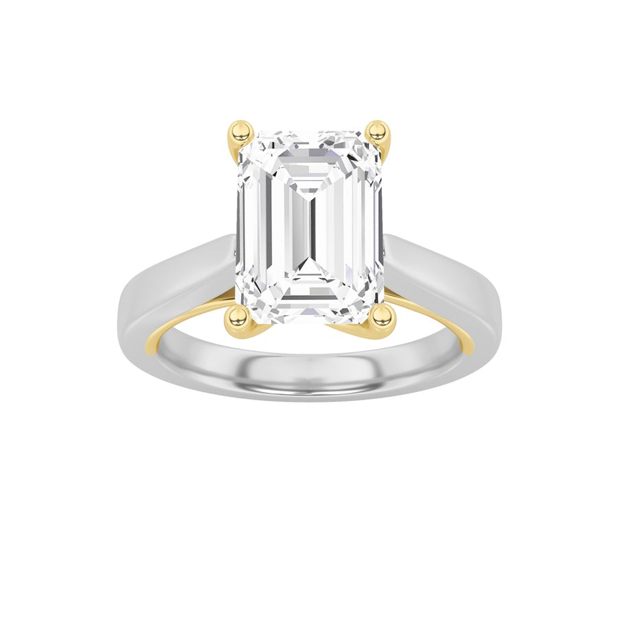 3CTW Emerald Shaped Lab Grown Diamond (F/VS) Two Tone Twisted Basket Cathedral Shank Solitaire Ring in 14K Gold