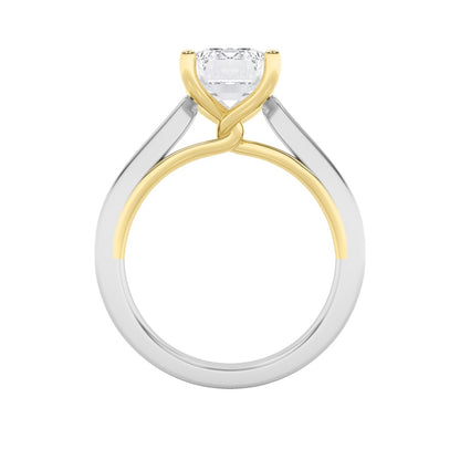 3CTW Emerald Shaped Lab Grown Diamond (F/VS) Two Tone Twisted Basket Cathedral Shank Solitaire Ring in 14K Gold