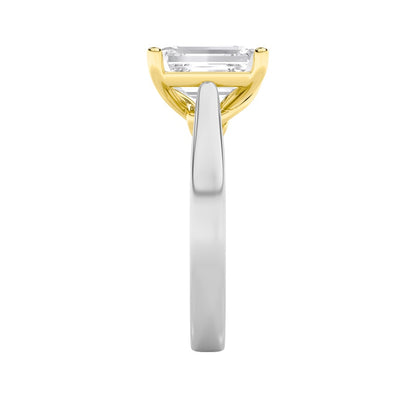 3CTW Emerald Shaped Lab Grown Diamond (F/VS) Two Tone Twisted Basket Cathedral Shank Solitaire Ring in 14K Gold