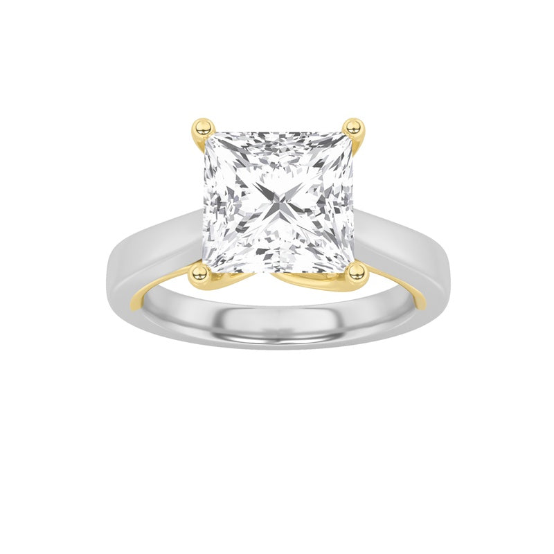 2CTW Princess Shaped Lab Grown Diamond (F/VS) Two Tone Twisted Basket Cathedral Shank Solitaire Ring in 14K Gold