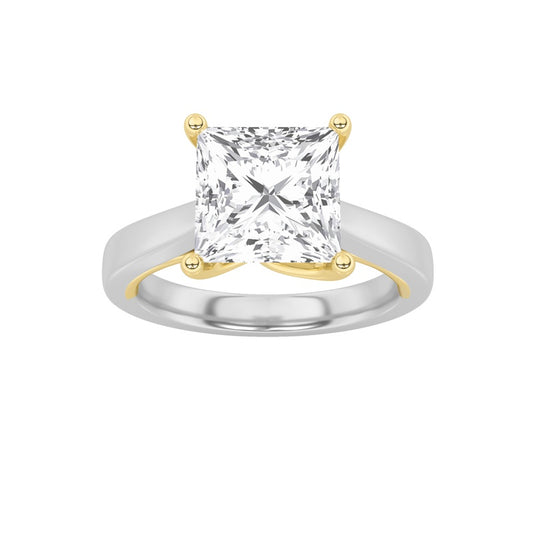2CTW Princess Shaped Lab Grown Diamond (F/VS) Two Tone Twisted Basket Cathedral Shank Solitaire Ring in 14K Gold