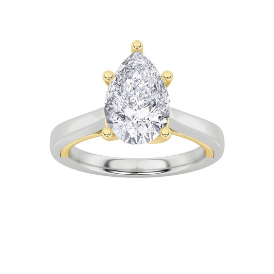 1CTW Pear Shaped Lab Grown Diamond (F/VS) Two Tone Twisted Basket Cathedral Shank Solitaire Ring in 14K Gold
