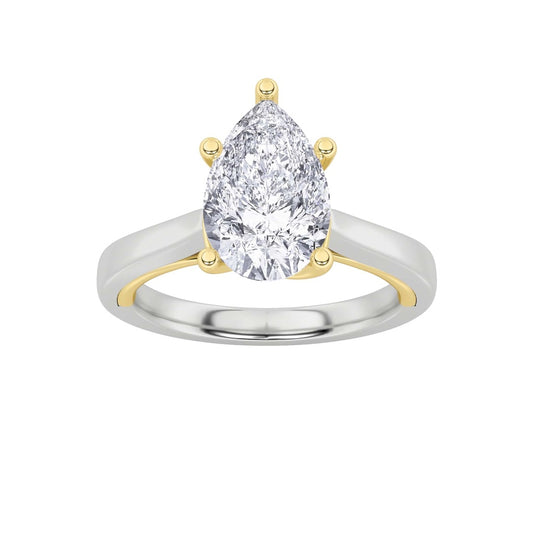 2CTW Pear Shaped Lab Grown Diamond (F/VS) Two Tone Twisted Basket Cathedral Shank Solitaire Ring in 14K Gold