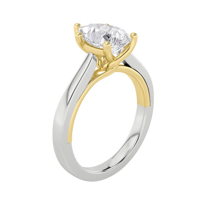 2CTW Pear Shaped Lab Grown Diamond (F/VS) Two Tone Twisted Basket Cathedral Shank Solitaire Ring in 14K Gold