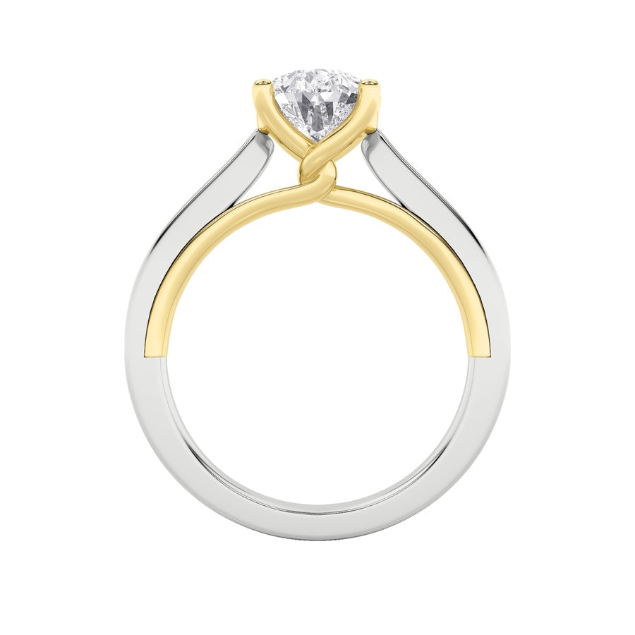 2CTW Pear Shaped Lab Grown Diamond (F/VS) Two Tone Twisted Basket Cathedral Shank Solitaire Ring in 14K Gold