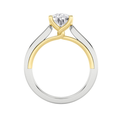 2CTW Pear Shaped Lab Grown Diamond (F/VS) Two Tone Twisted Basket Cathedral Shank Solitaire Ring in 14K Gold