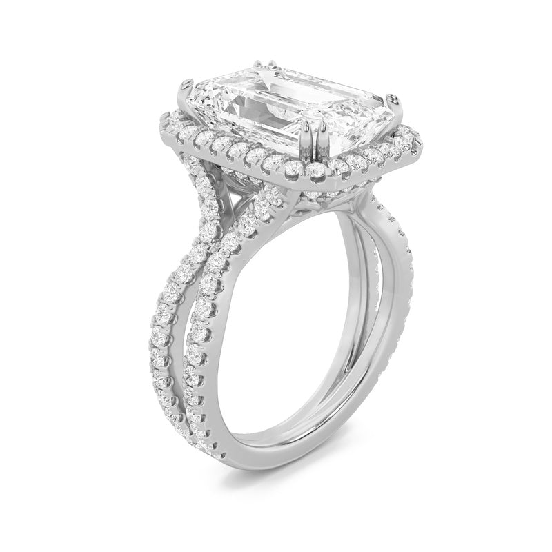 8CTW Emerald Shaped Lab Grown Diamond (F/VS) Bold Statement Accented Ring in 14K Gold