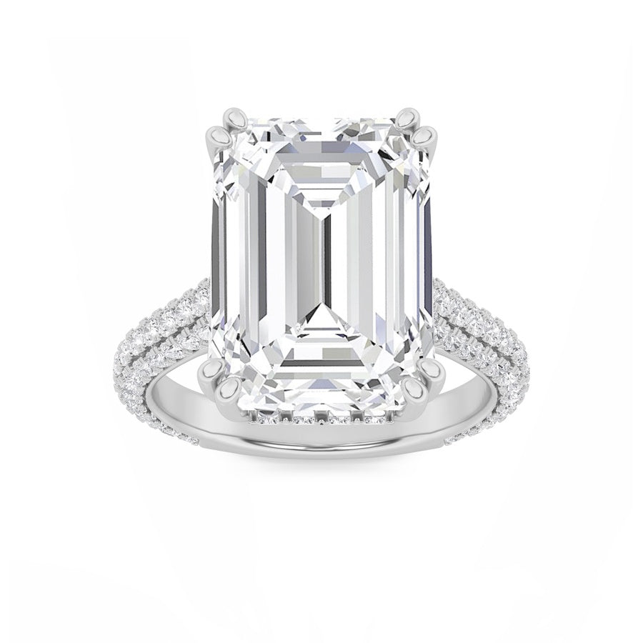 8CTW Emerald Shaped Lab Grown Diamond (F/VS) Bold Accented Engagement Ring in 14K Gold